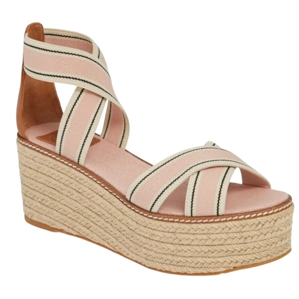 Tory Burch Pink Blush Frieda Espadrille Wedge Sandals Shoes size 7